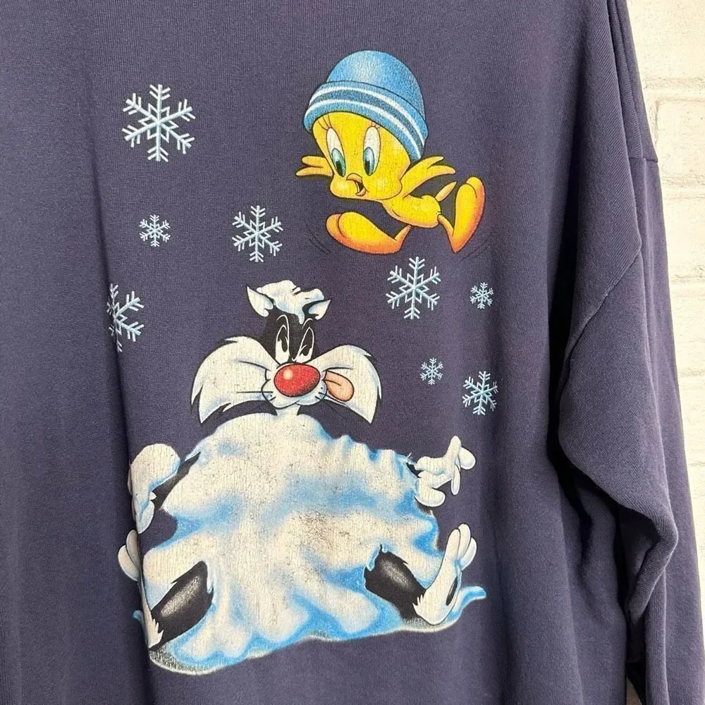Vintage 1997 Looney Tunes‎ Tweety and Sylvester Winter Snow Sweater size L/XL